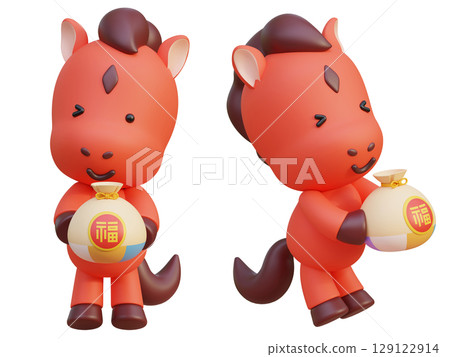 holding a lucky bag cartoon style 2026 new year red horse character 3D graphic 129122914