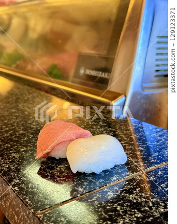 Fresh sushi and sashimi, farmed tuna and local fish from Fukue Island, Goto Islands, Nagasaki Prefecture 129123371