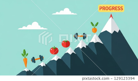 Healthy lifestyle progress concept with mountain peaks showing growth stages featuring vegetables dumbbells and fitness goals achievement illustration 129123394