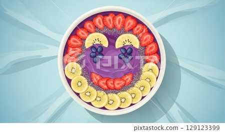 Purple smoothie bowl with decorative fruit face pattern featuring sliced strawberries kiwi blueberries and chia seeds arranged in cheerful smiley expression on turquoise sunburst background 129123399