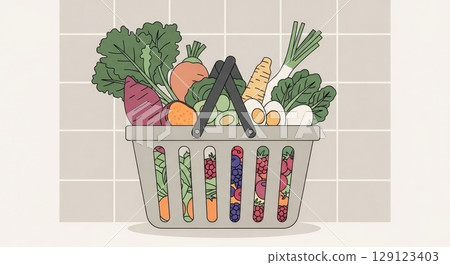 Shopping basket filled with fresh organic vegetables and fruits on beige tiled kitchen counter background including leafy greens carrots parsnips eggs and colorful produce Shopping basket filled with fresh organic vegetables and fruits on beige tiled kitchen counter background including leafy greens carrots parsnips eggs and colorful produce 129123403