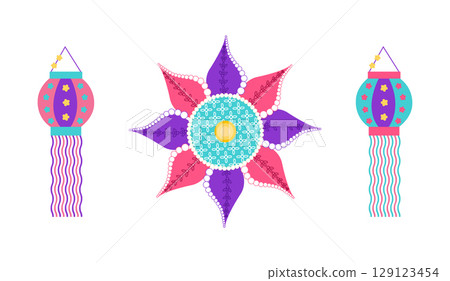 Festive Diwali celebration set with rangoli Festive Diwali celebration set with rangoli 129123454