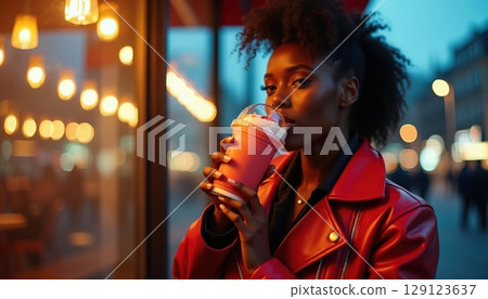 Woman enjoying a vibrant smoothie with whipped cream on a lively city street at dusk. Generated AI 129123637