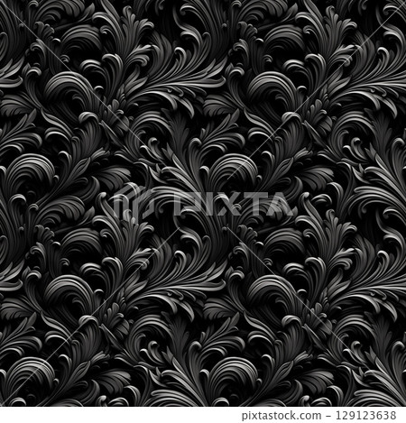 Black and white seamless pattern with classic foliage ornament. Seamless texture background. Generated AI. 129123638