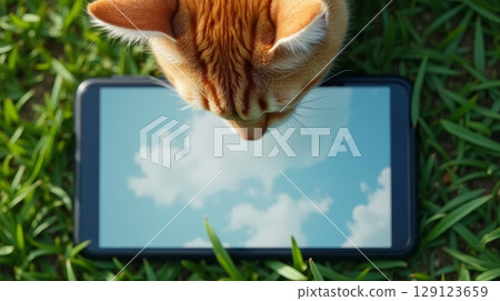 Cat looking at smartphone screen reflecting blue sky with clouds. Concept of digital illusion, augmented reality, and technology 129123659
