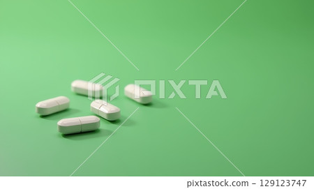 White capsules on green background with copy space. Pharmaceutical industry, medicine, and healthcare concept 129123747