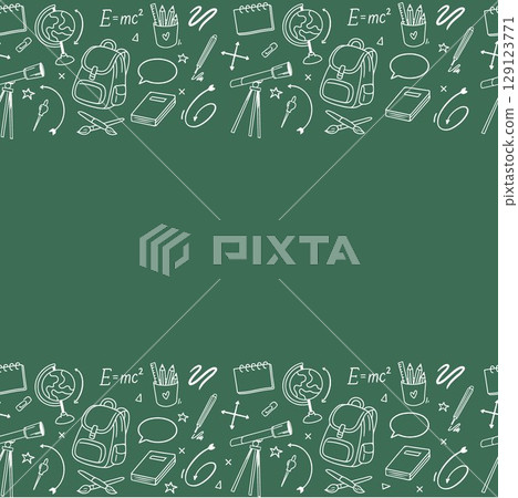 Back to school. Abstract blackboard. Seamless border pattern with school supplies in doodle style on green background. Sketchy background with hand drawn school elements. Design for your business 129123771