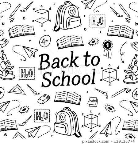 Back to School square banner doodle sketch set with educational elements. Black and white vector doodle with school elements. Notebook, books, backpack. Vector illustration for study, school Back to School square banner doodle sketch set with educational elements. Black and white vector doodle with school elements. Notebook, books, backpack. Vector illustration for study, school 129123774