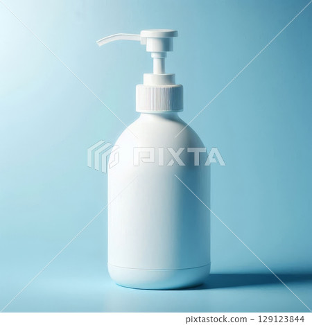 White plastic pump bottle on blue background. Skincare, soap, or lotion container mockup for branding and packaging design 129123844