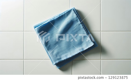 Folded blue microfiber cloth on white tiled surface. Household cleaning fabric for dusting, wiping, and polishing. Minimalist composition 129123875