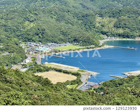 Nagasaki Prefecture, Goto Islands, Naru Island, drone aerial panoramic view from Shirotake Observatory Nagasaki Prefecture, Goto Islands, Naru Island, drone aerial panoramic view from Shirotake Observatory 129123930
