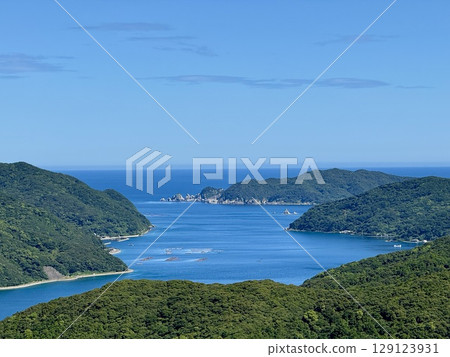 Nagasaki Prefecture, Goto Islands, Naru Island, drone aerial panoramic view from Shirotake Observatory Nagasaki Prefecture, Goto Islands, Naru Island, drone aerial panoramic view from Shirotake Observatory 129123931
