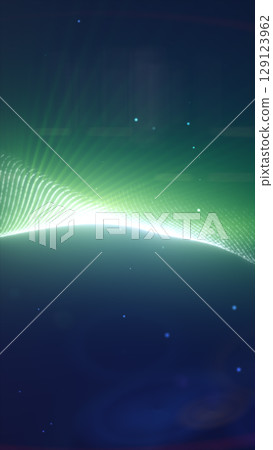 Abstract digital wave with green light beams and white grid pattern on a dark background, symbolizing energy flow and technology 129123962