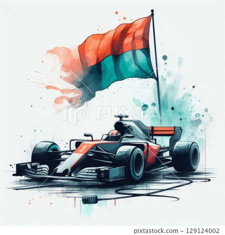 Formula 1 car in watercolor style with racing flag waving in background, dynamic motorsport illustration with splashes and abstract elements Formula 1 car in watercolor style with racing flag waving in background, dynamic motorsport illustration with splashes and abstract elements 129124002