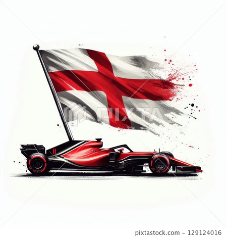 Red Formula 1 car with England flag in artistic watercolor style, symbol of British motorsport, speed and national pride 129124016