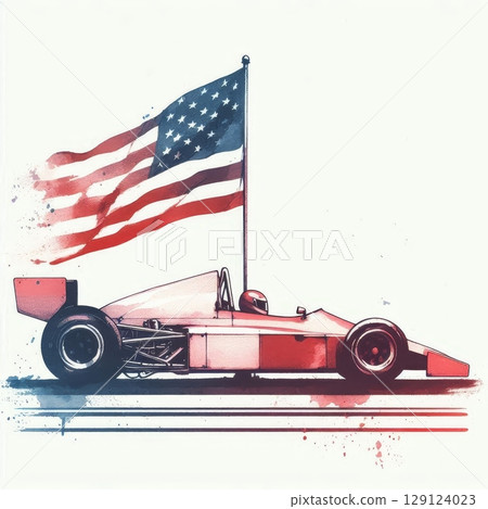Vintage formula race car with American flag in watercolor style, symbolizing motorsport heritage, speed, patriotism, and racing history Vintage formula race car with American flag in watercolor style, symbolizing motorsport heritage, speed, patriotism, and racing history 129124023