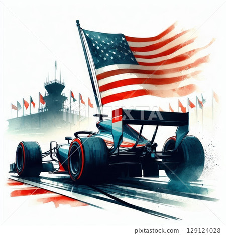 Formula racing car with American flag, digital watercolor illustration, speed and motorsport concept, USA grand prix theme 129124028