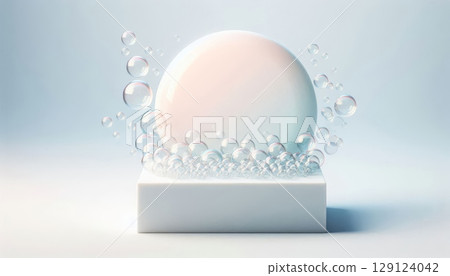 White soap ball on pedestal with foam bubbles on light blue background, hygiene and skincare concept for beauty products 129124042