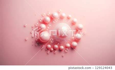 Soap bubbles and pink spheres with foam on pastel pink background, skincare and hygiene concept for beauty product design 129124043