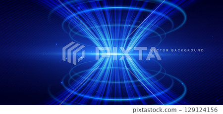 Abstract blue curve lines glowing with lighting sparkle on blue background. 129124156
