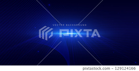 Technology futuristic wave lines glowing on dark blue background. Hi speed big data network concept. 129124166