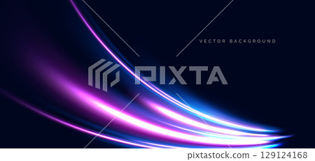 Abstract blue and pink beam curved ray on dark blue background. Speed motion moving concept. 129124168