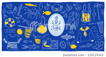 Big fisherman clipart set with sardines, fishing gear, sailor cloth on blue background. Sea creature and nautical item. Perfect for branding, sticker, poster and fashion. Vector outline illustration. Big fisherman clipart set with sardines, fishing gear, sailor cloth on blue background. Sea creature and nautical item. Perfect for branding, sticker, poster and fashion. Vector outline illustration. 129124342