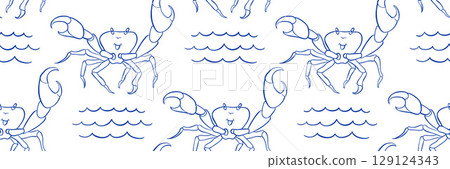 Seamless outline pattern with crab and ocean motif. Sea creatures illustration in modern doodle style. Ideal for textile, packaging, wallpaper, menu. Vector fisherman background. Seamless outline pattern with crab and ocean motif. Sea creatures illustration in modern doodle style. Ideal for textile, packaging, wallpaper, menu. Vector fisherman background. 129124343