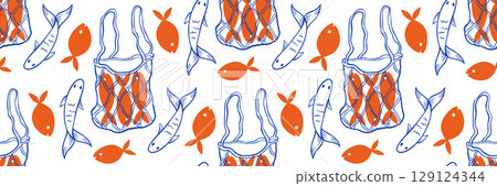 Trendy Marine doodle pattern with net bag and sardines. Combination of blue doodle and orange flat illustration. Great for fashion print, packaging and branding. Vector outline illustration. Trendy Marine doodle pattern with net bag and sardines. Combination of blue doodle and orange flat illustration. Great for fashion print, packaging and branding. Vector outline illustration. 129124344