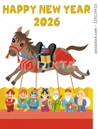 新年賀卡插圖 馬年七福神 垂直 新年快樂 129124410