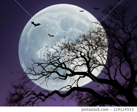 Spooky Full Moon with Silhouetted Tree and Flying Bats 129124553