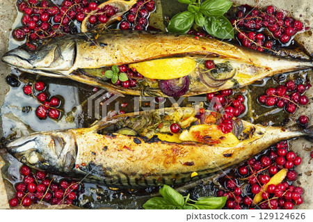 Oven baked mackerel, baking sheet. 129124626