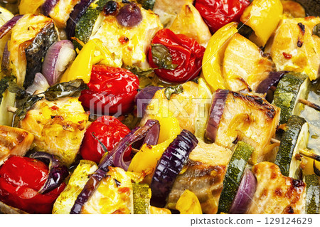 Salmon fish grilled skewers. Salmon fish grilled skewers. 129124629