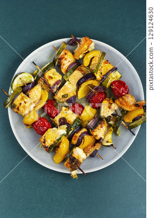 Seasoned salmon skewers. 129124630