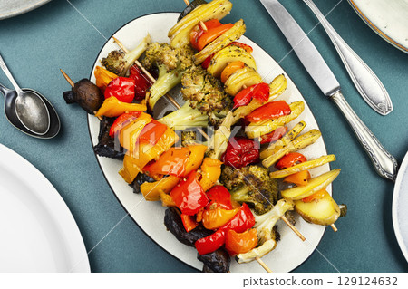 Grilled skewers with vegetables, food photography. Grilled skewers with vegetables, food photography. 129124632