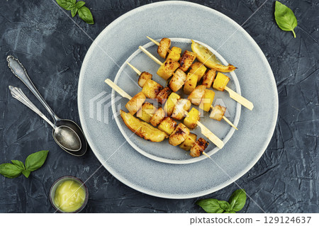 Sea scallops on skewers, delicious barbecue. Sea scallops on skewers, delicious barbecue. 129124637