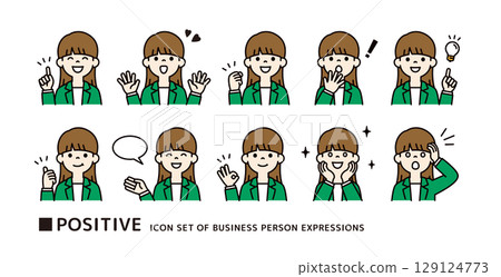 Icon material set of a working young woman in a suit in a positive pose_Vector_Color 129124773