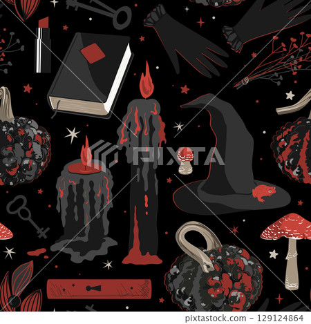Spooky and dark Halloween seamless pattern with black and red candles, warty pumpkins, witch hat and gloves, witchcraft books and amanita mushrooms. Scary Halloween background clip art. 129124864