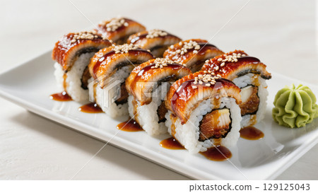 Close-up of delicious eel sushi rolls topped with sauce and sesame seeds, served on white plate with wasabi. Close-up of delicious eel sushi rolls topped with sauce and sesame seeds, served on white plate with wasabi. 129125043