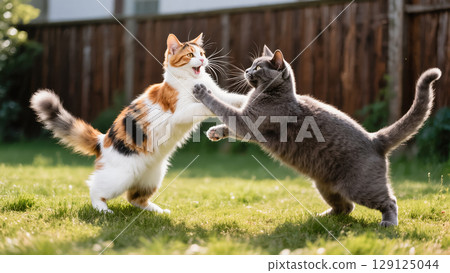 Two playful cats in a backyard engaged in a lively interaction on a sunny day, one gray and one calico. Dynamic animal moment. 129125044