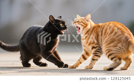 Black and ginger tabby cats hissing and facing off in a tense moment outdoors on a bright day. Aggressive animal encounter. Black and ginger tabby cats hissing and facing off in a tense moment outdoors on a bright day. Aggressive animal encounter. 129125045