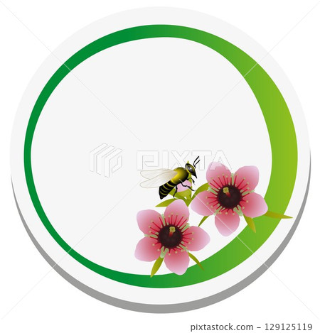 Eco sticke with manuka flowers and bee on white background.. 129125119