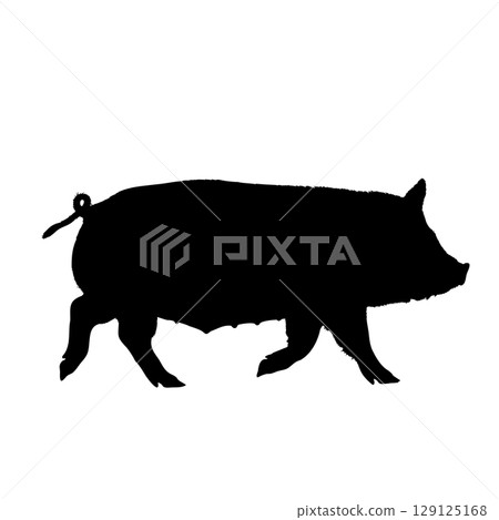 牲畜和十二生肖的象徵。一隻豬側站立的簡單剪影插圖。豬肉菜餚、餐廳、火腿 129125168
