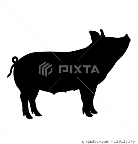 牲畜和十二生肖的象徵。一隻豬側站立的簡單剪影插圖。豬肉菜餚、餐廳、火腿 牲畜和十二生肖的象徵。一隻豬側站立的簡單剪影插圖。豬肉菜餚、餐廳、火腿 129125170