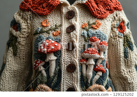 Handmade Love. Trending in fashion. Crochet details of mushrooms pattern on a modern garment. Autumn atmosphere in clothes. Handmade Love. Trending in fashion. Crochet details of mushrooms pattern on a modern garment. Autumn atmosphere in clothes. 129125202
