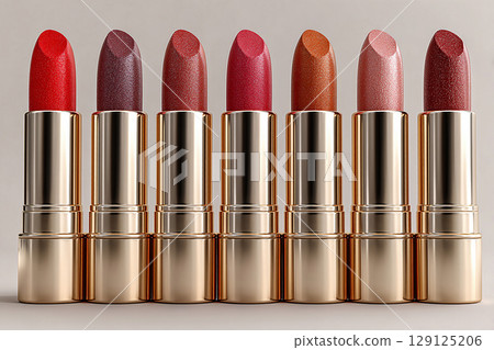Glitter cosmetics. Glossy lipstick tubes in various shades arranged in a gradient on white background. Makeup mockup. Glitter cosmetics. Glossy lipstick tubes in various shades arranged in a gradient on white background. Makeup mockup. 129125206