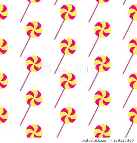 Spooky Halloween background with swirl lollipop in seamless style. Yellow festive lollipop repeated pattern for scary candy decor. Concept holiday design with sweet Halloween lollipop theme. Wrapping 129125350