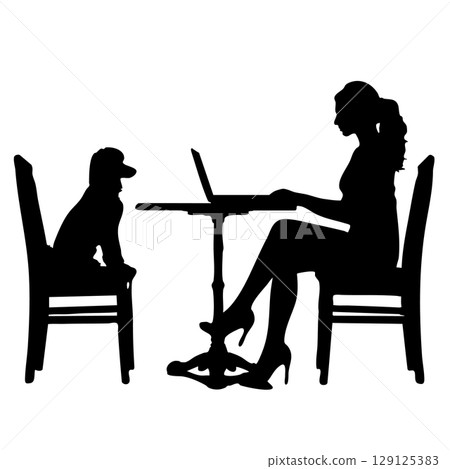 Remote work in a cafe. Silhouette illustration of a woman working on a laptop and a poodle dog Remote work in a cafe. Silhouette illustration of a woman working on a laptop and a poodle dog 129125383