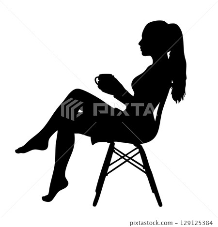 Relaxation time. Silhouette illustration of a woman sitting in a chair and taking a break with coffee 129125384
