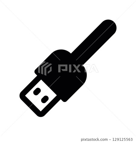 Solid Black Glyph Icon of a USB Cable Connector End 129125563